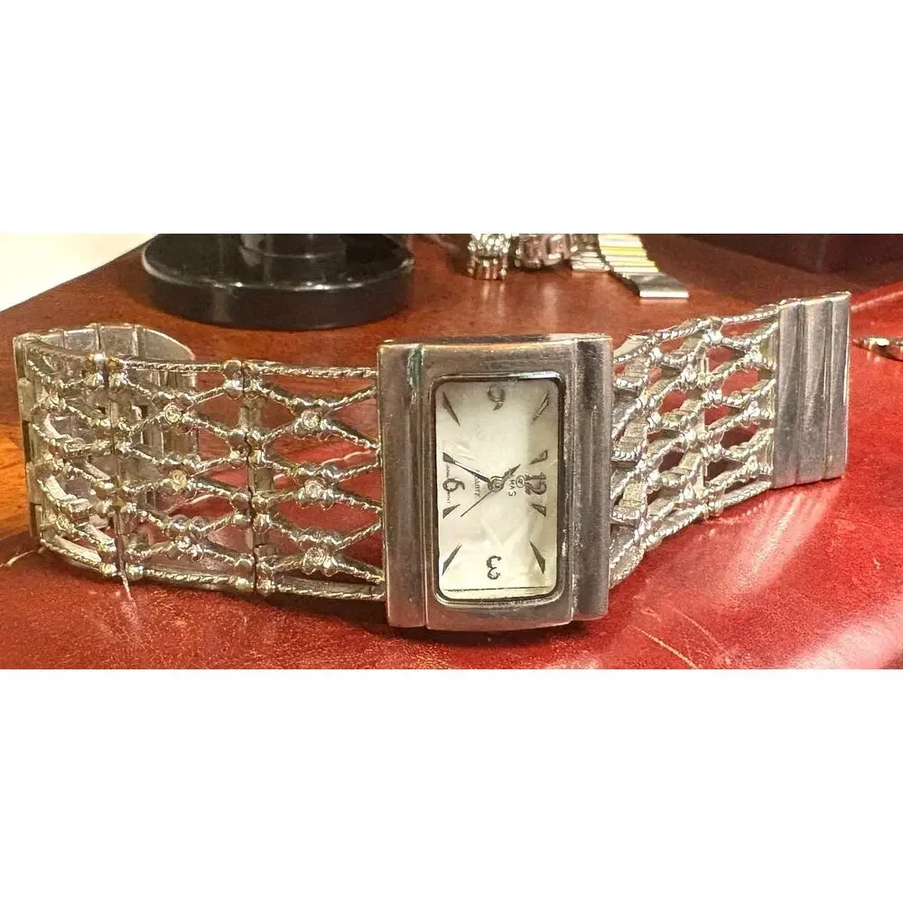 Women's Almas Watch, Wide Bracelet Band Silver Tone with Rhinestones, MOP Face